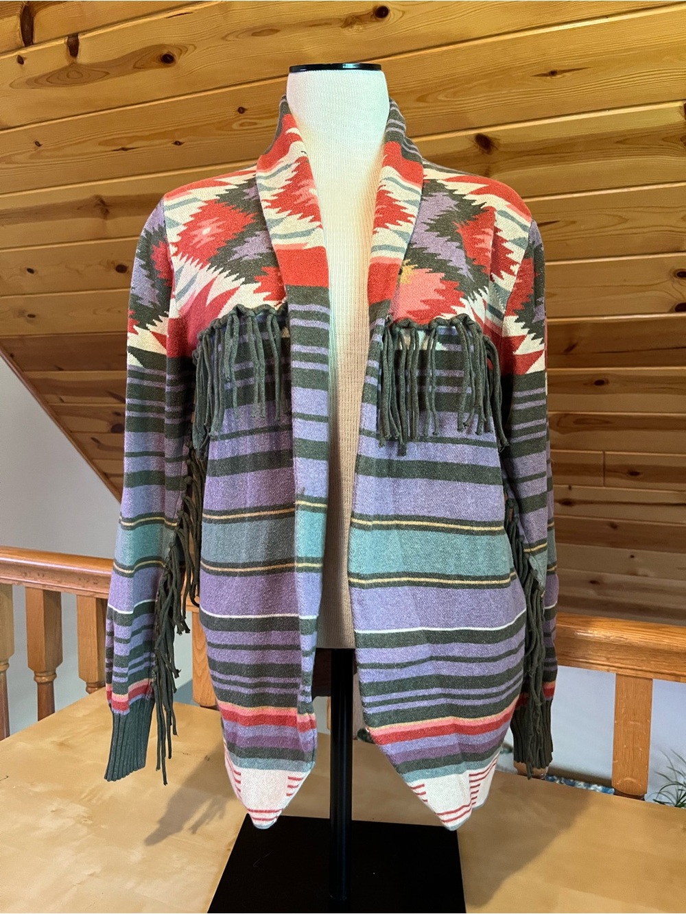 Tasha Polizzi Women's Fringed Western Aztec Multi Color Open-Front Cardigan Sz S
